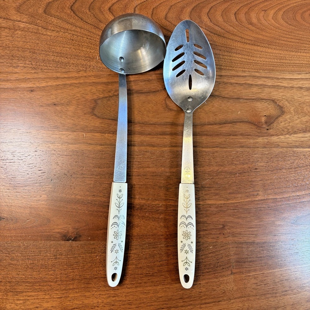 Vintage Flint Ladle Slotted Serving Spoon Stainless Steel Made in USA Floral